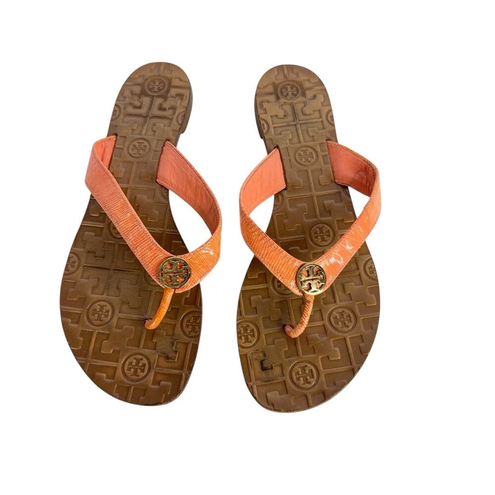 Tory Burch Thora Logo Orange Leather Thong Flip-Flop Flat Sandal Women's Size 9